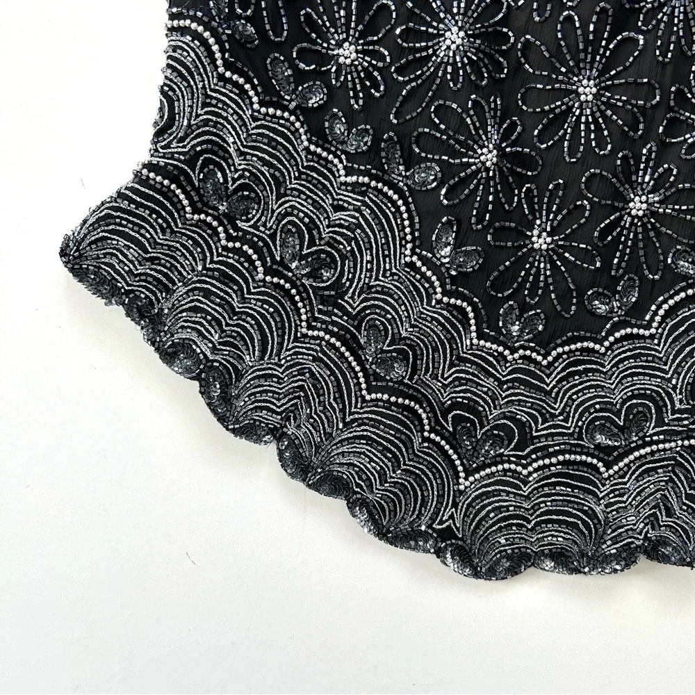 Papéll Boutique Black Silk Daisy Floral Intricate Beaded Short Sleeve Party Top - Picture 3 of 6
